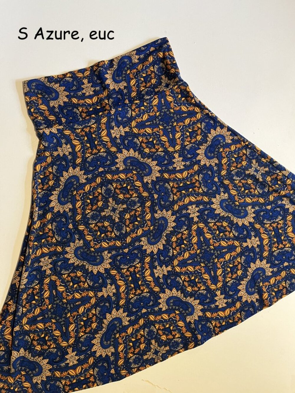 Small Lularoe Azure a-line skirt, blue with gold and orange medallion leaves